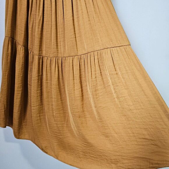 EUC SIMPLY VERY VERAWANG SPLIT V NECK MUSTARD SATINY TIERED MIDI DRESS SZ SMALL - Picture 9 of 16